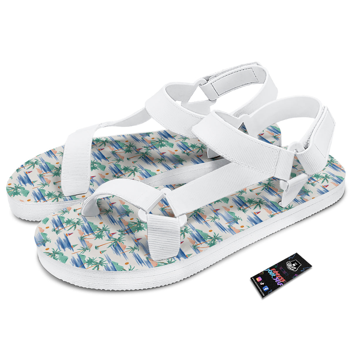 Watercolor Summer Island Palm Tree Print Pattern White Open Toe Sandals-grizzshop