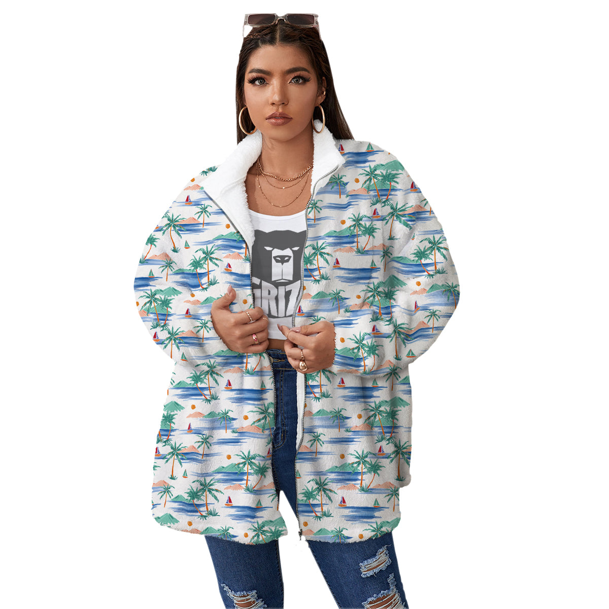 Watercolor Summer Island Palm Tree Print Pattern Women's Sherpa Jacket-grizzshop
