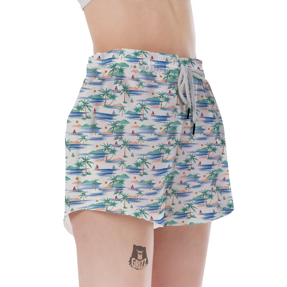 Watercolor Summer Island Palm Tree Print Pattern Women's Shorts-grizzshop