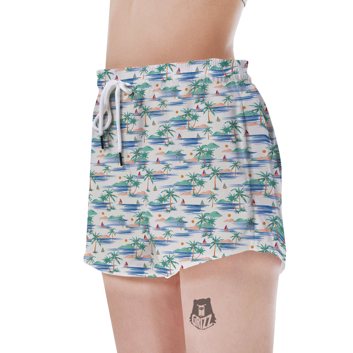 Watercolor Summer Island Palm Tree Print Pattern Women's Shorts-grizzshop