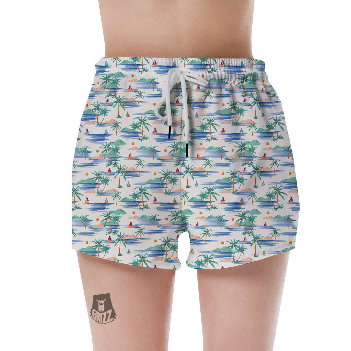 Watercolor Summer Island Palm Tree Print Pattern Women's Shorts-grizzshop
