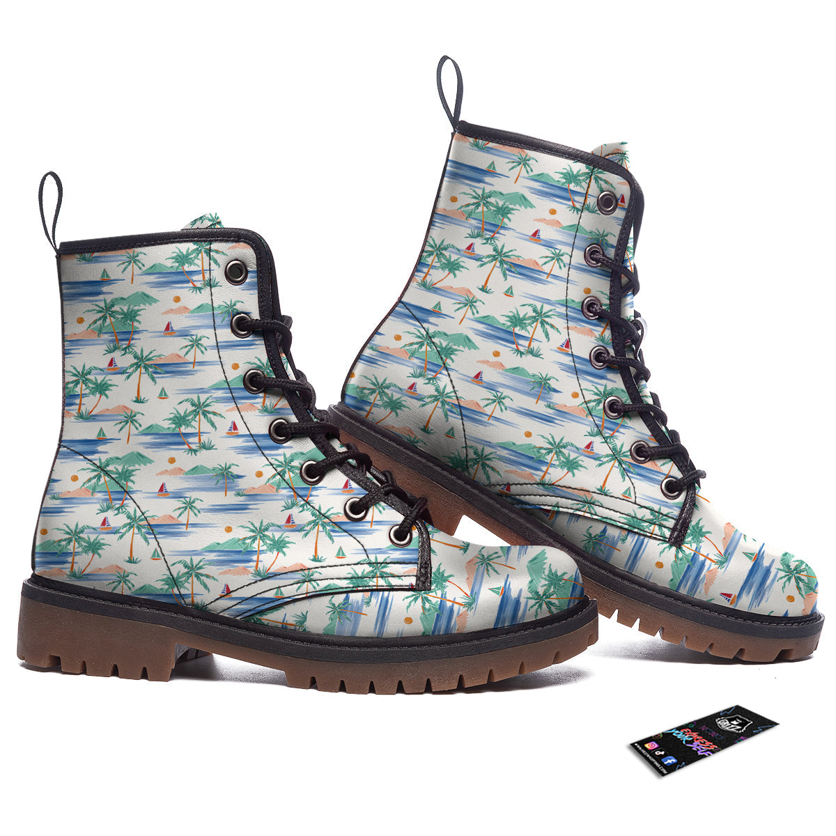 Watercolor Summer Island Palm Tree Print Pattern Work Boots-grizzshop