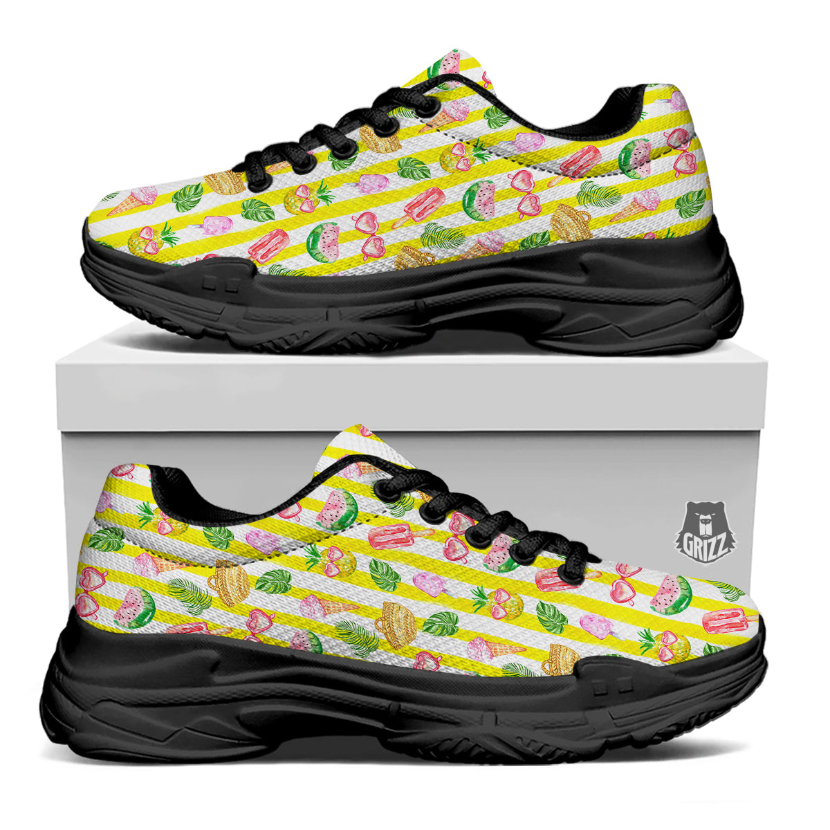 Watercolor Summer Yellow Stripe Print Pattern Black Chunky Shoes-grizzshop