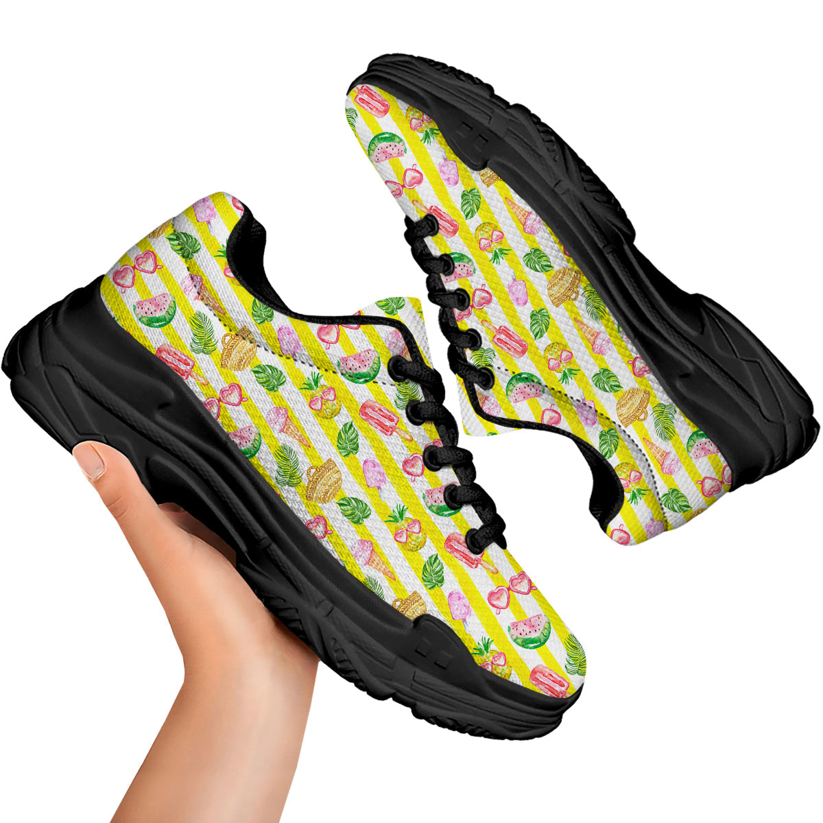 Watercolor Summer Yellow Stripe Print Pattern Black Chunky Shoes-grizzshop