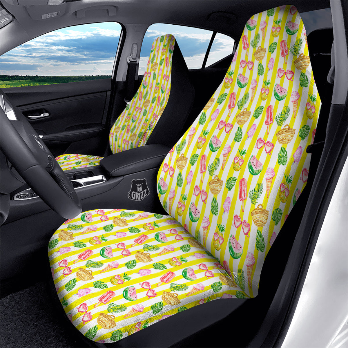 Watercolor Summer Yellow Stripe Print Pattern Car Seat Covers-grizzshop