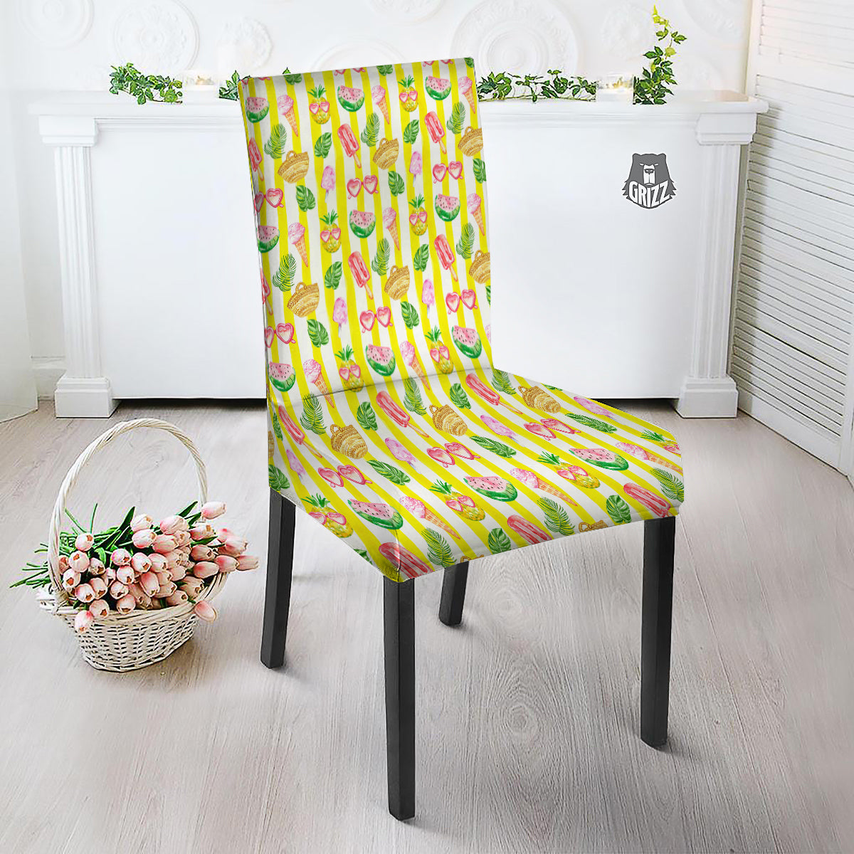 Watercolor Summer Yellow Stripe Print Pattern Dining Chair Slipcover-grizzshop