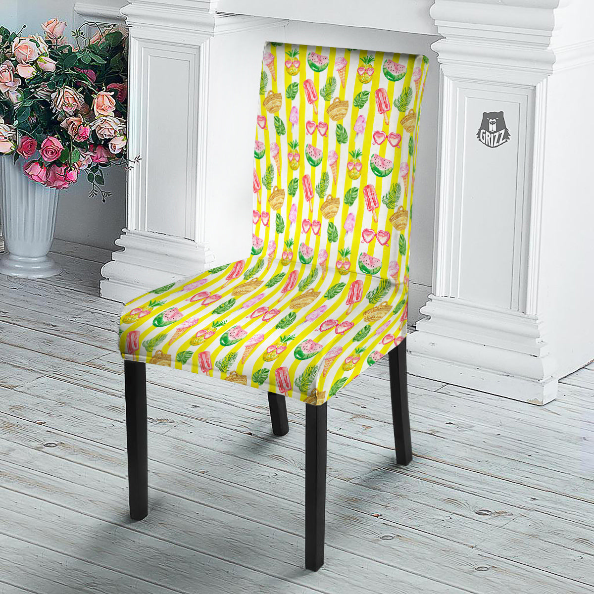Watercolor Summer Yellow Stripe Print Pattern Dining Chair Slipcover-grizzshop