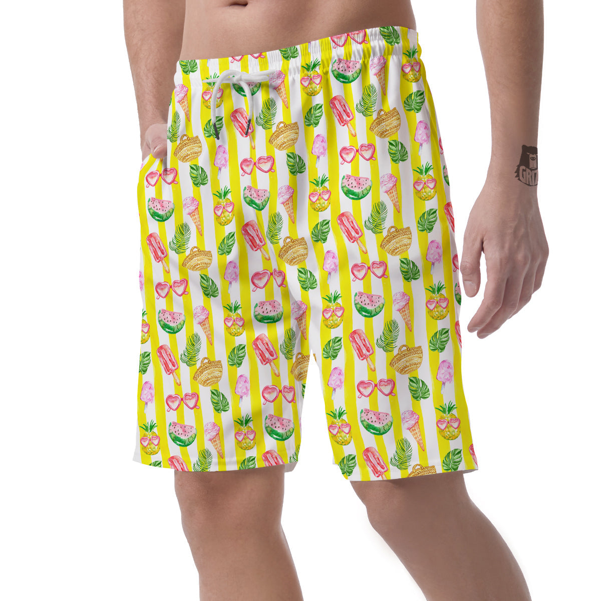 Watercolor Summer Yellow Stripe Print Pattern Men's Shorts-grizzshop