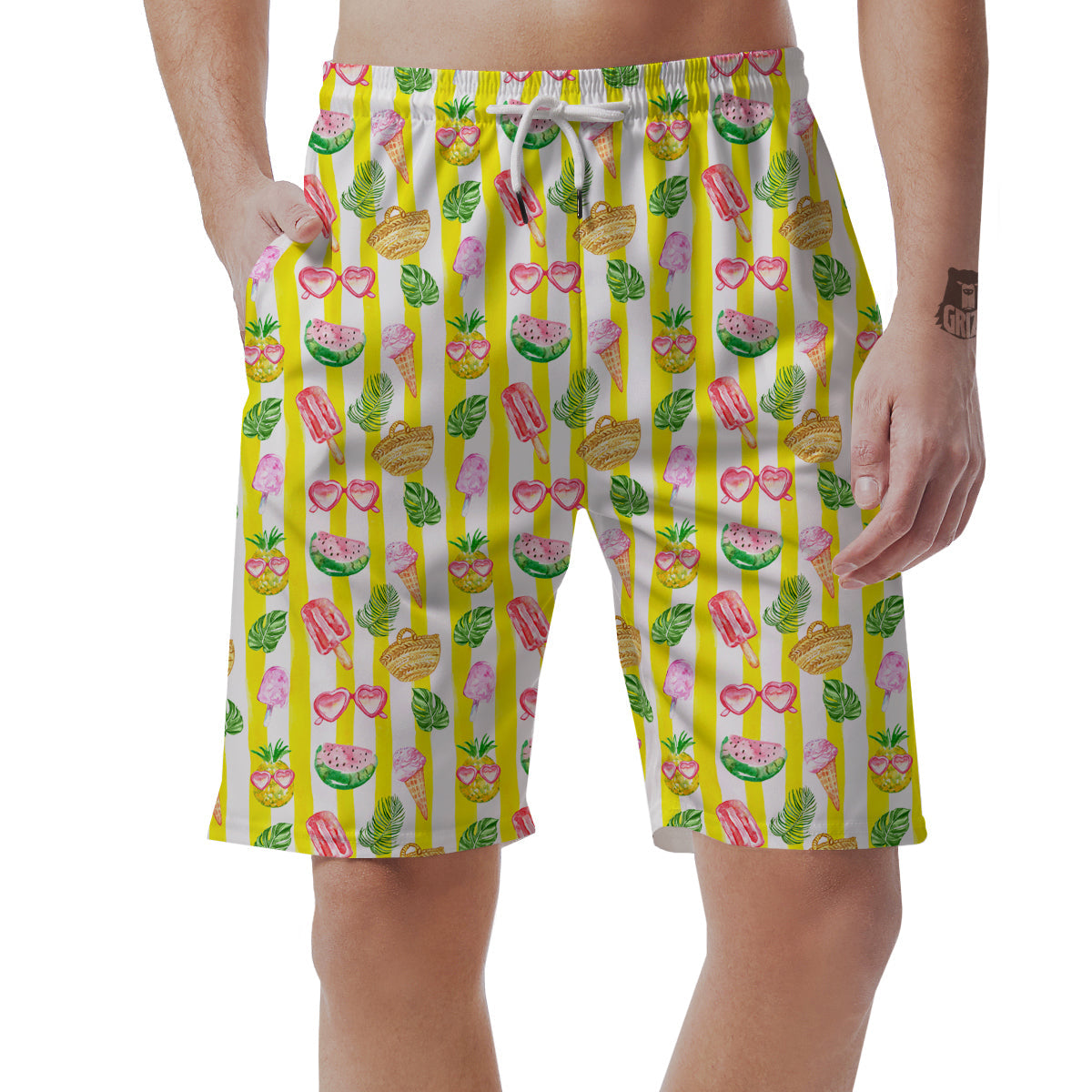 Watercolor Summer Yellow Stripe Print Pattern Men's Shorts-grizzshop