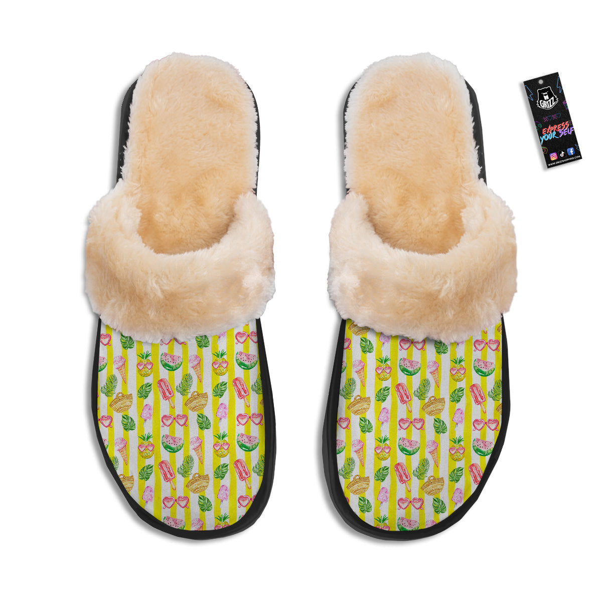 Watercolor Summer Yellow Stripe Print Pattern Slippers-grizzshop