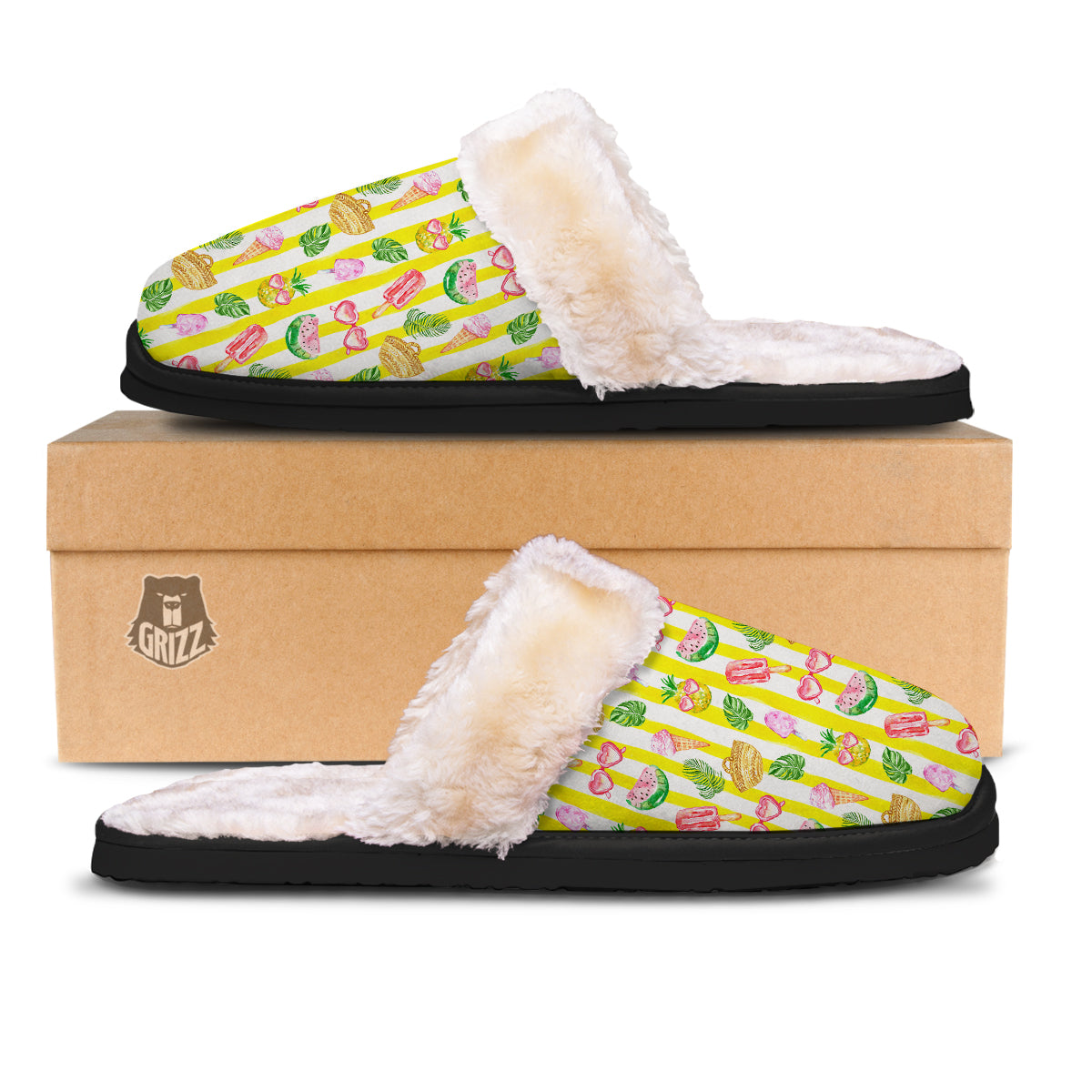 Watercolor Summer Yellow Stripe Print Pattern Slippers-grizzshop
