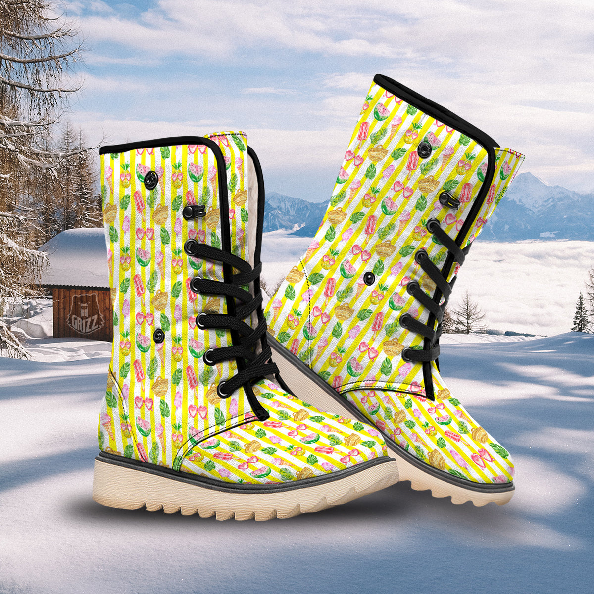 Watercolor Summer Yellow Stripe Print Pattern Snow Boots-grizzshop