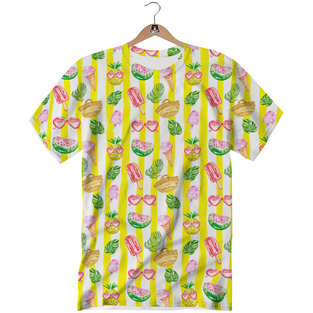 Watercolor Summer Yellow Stripe Print Pattern T-Shirt-grizzshop