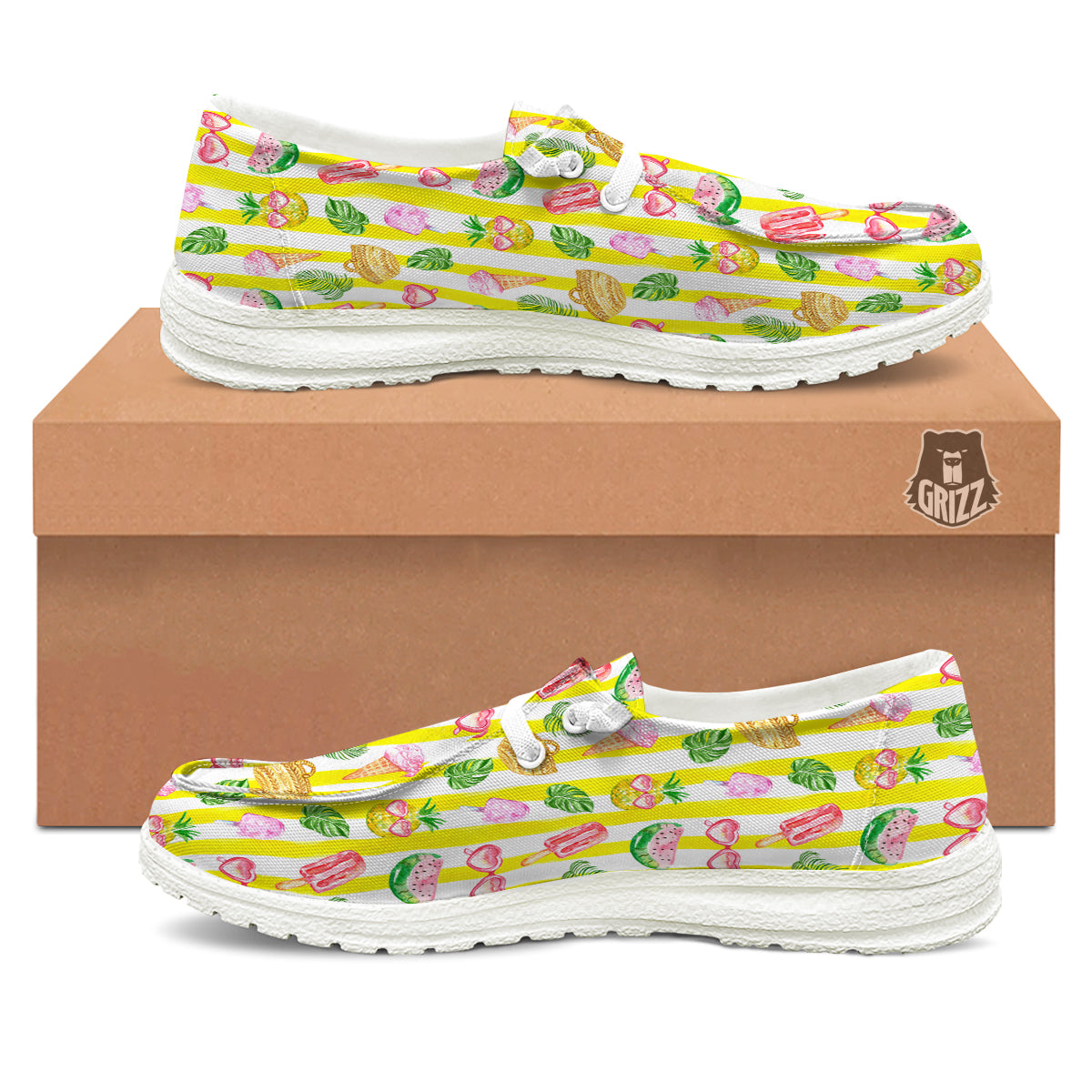 Watercolor Summer Yellow Stripe Print Pattern White Loafers-grizzshop