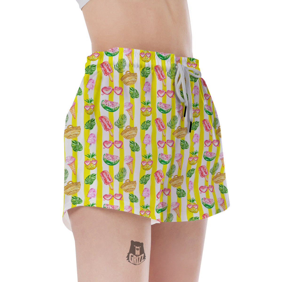 Watercolor Summer Yellow Stripe Print Pattern Women's Shorts-grizzshop