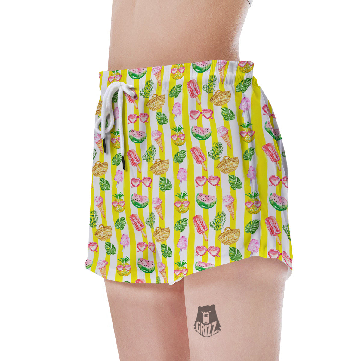 Watercolor Summer Yellow Stripe Print Pattern Women's Shorts-grizzshop