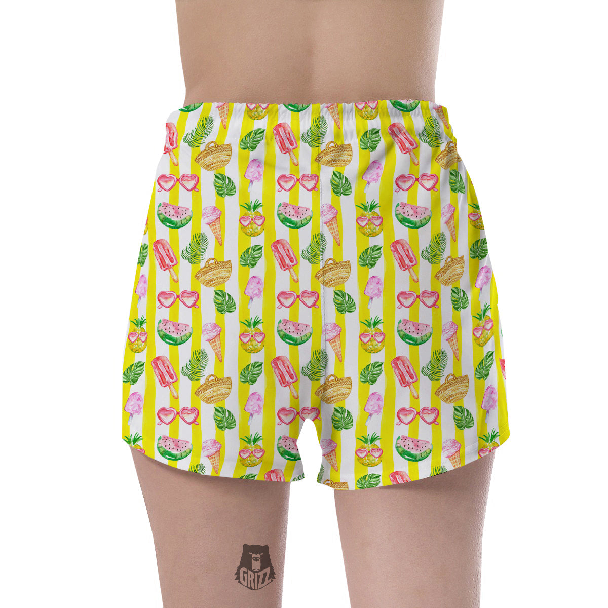 Watercolor Summer Yellow Stripe Print Pattern Women's Shorts-grizzshop