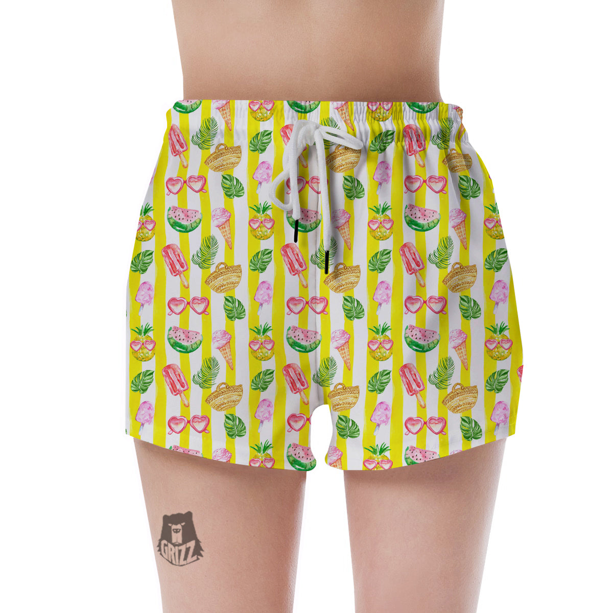Watercolor Summer Yellow Stripe Print Pattern Women's Shorts-grizzshop