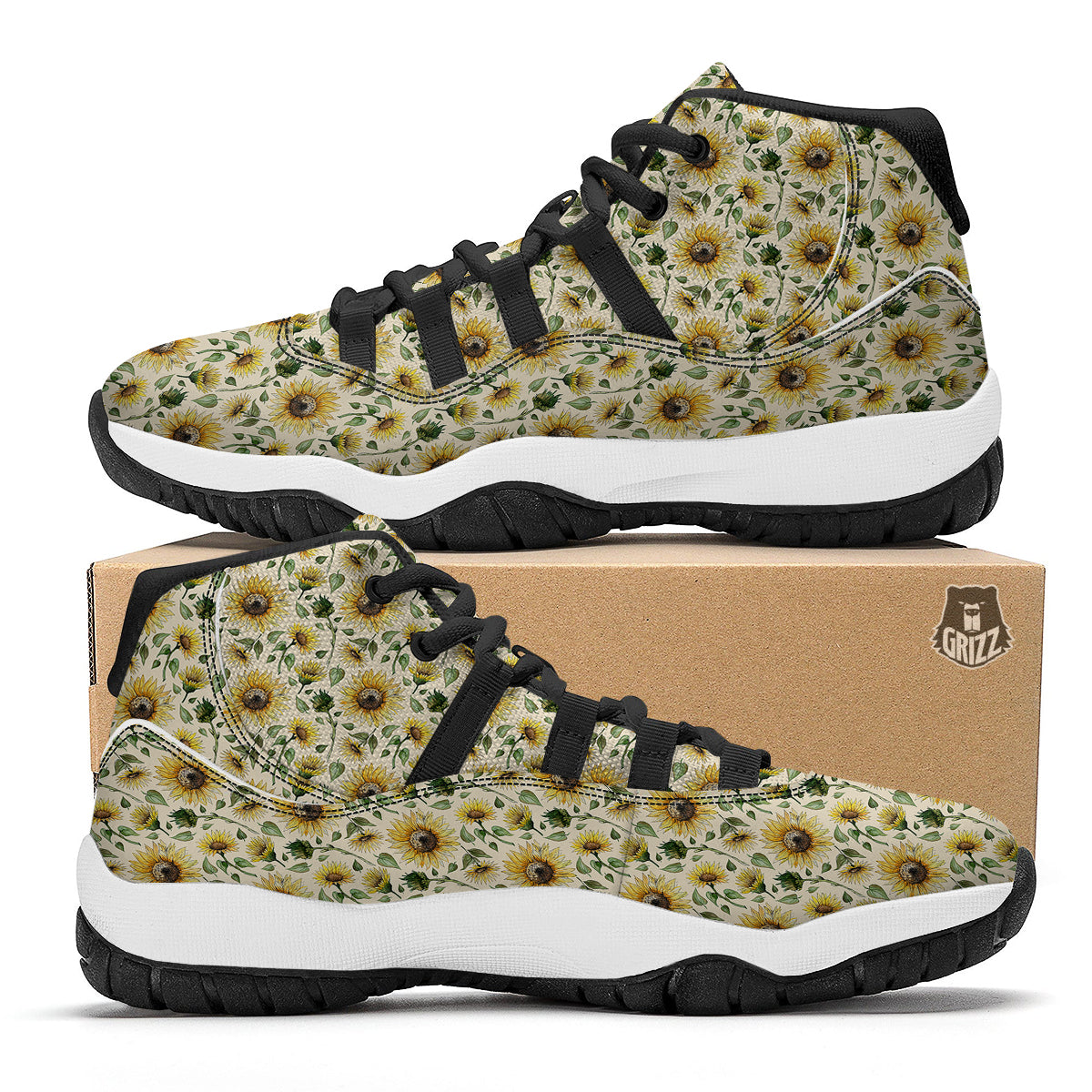 Watercolor Sunflower Beige Print Pattern Black Bball Shoes-grizzshop