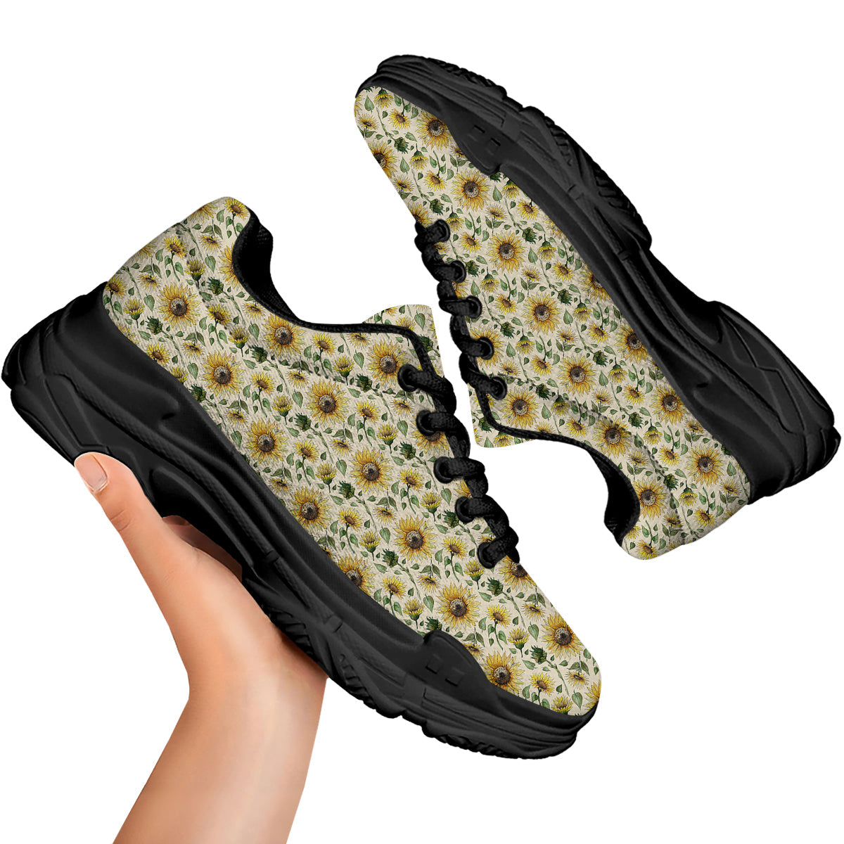 Watercolor Sunflower Beige Print Pattern Black Chunky Shoes-grizzshop