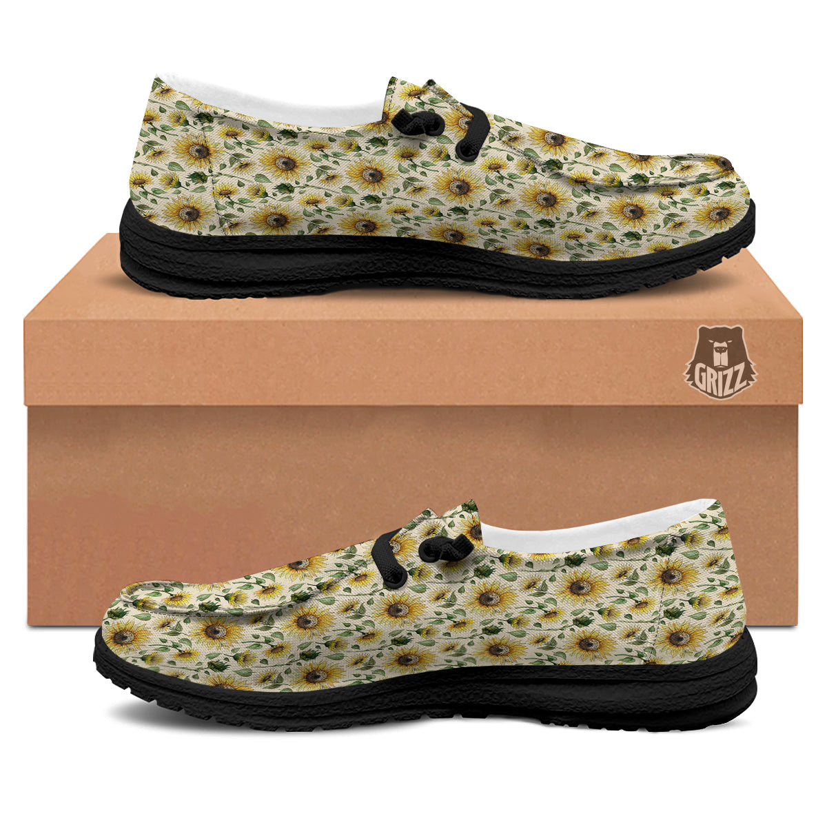 Watercolor Sunflower Beige Print Pattern Black Loafers-grizzshop