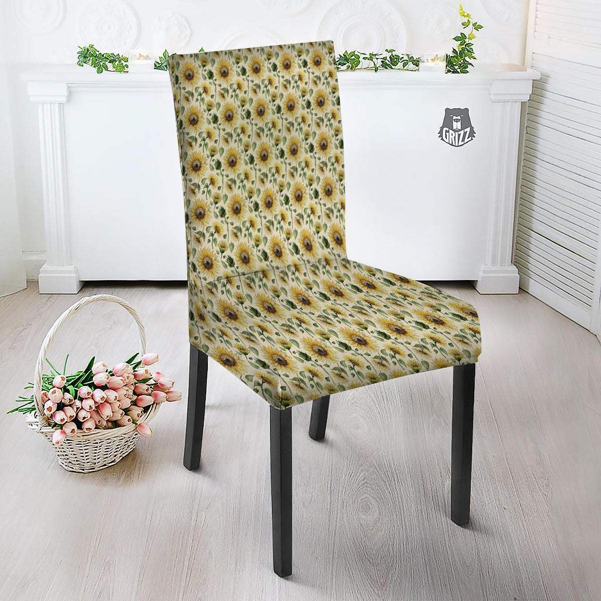 Watercolor Sunflower Beige Print Pattern Dining Chair Slipcover-grizzshop