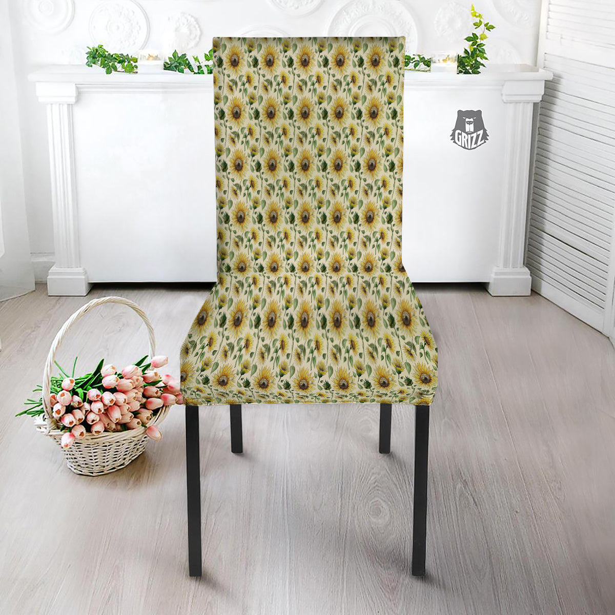 Watercolor Sunflower Beige Print Pattern Dining Chair Slipcover-grizzshop
