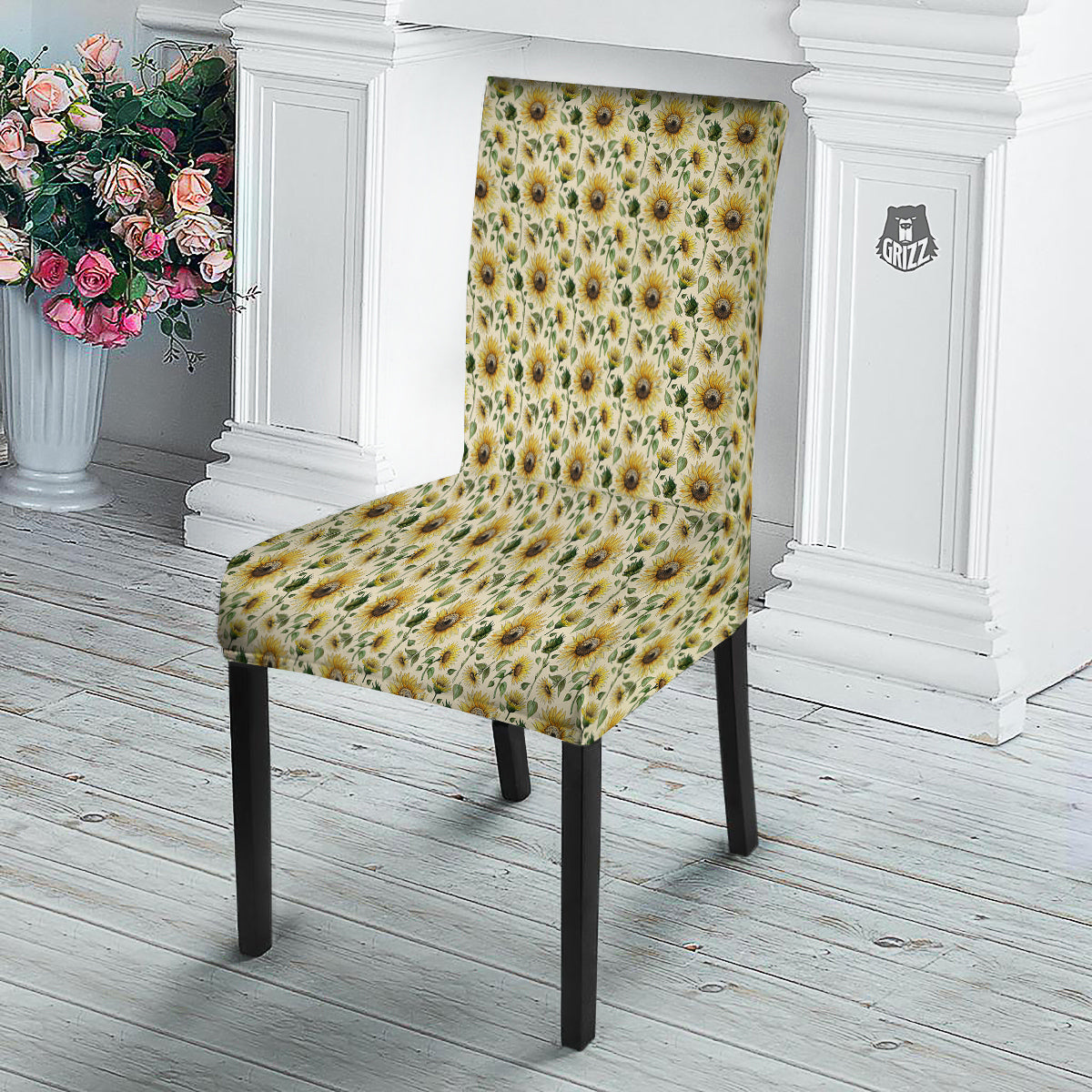 Watercolor Sunflower Beige Print Pattern Dining Chair Slipcover-grizzshop