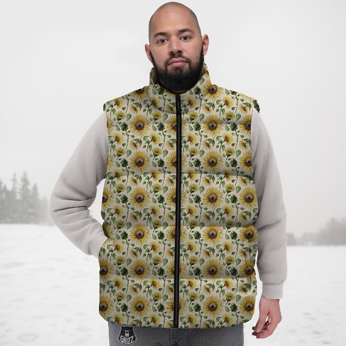 Watercolor Sunflower Beige Print Pattern Down Vest