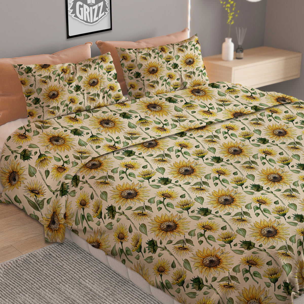 Watercolor Sunflower Beige Print Pattern Duvet Cover Bedding Set