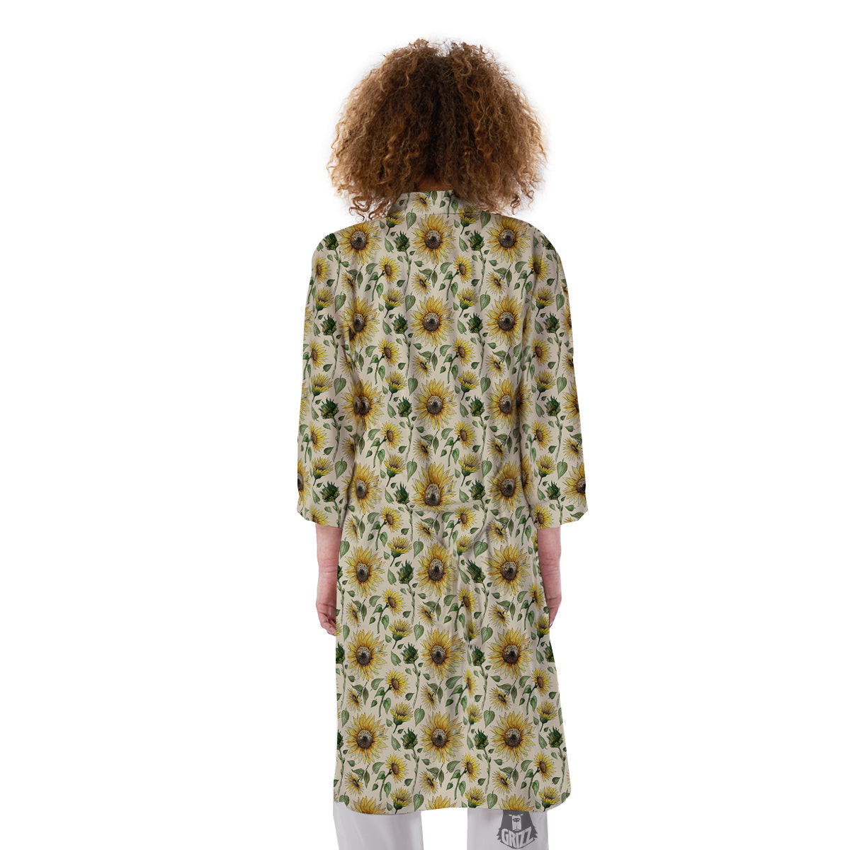Watercolor Sunflower Beige Print Pattern Kimono-grizzshop
