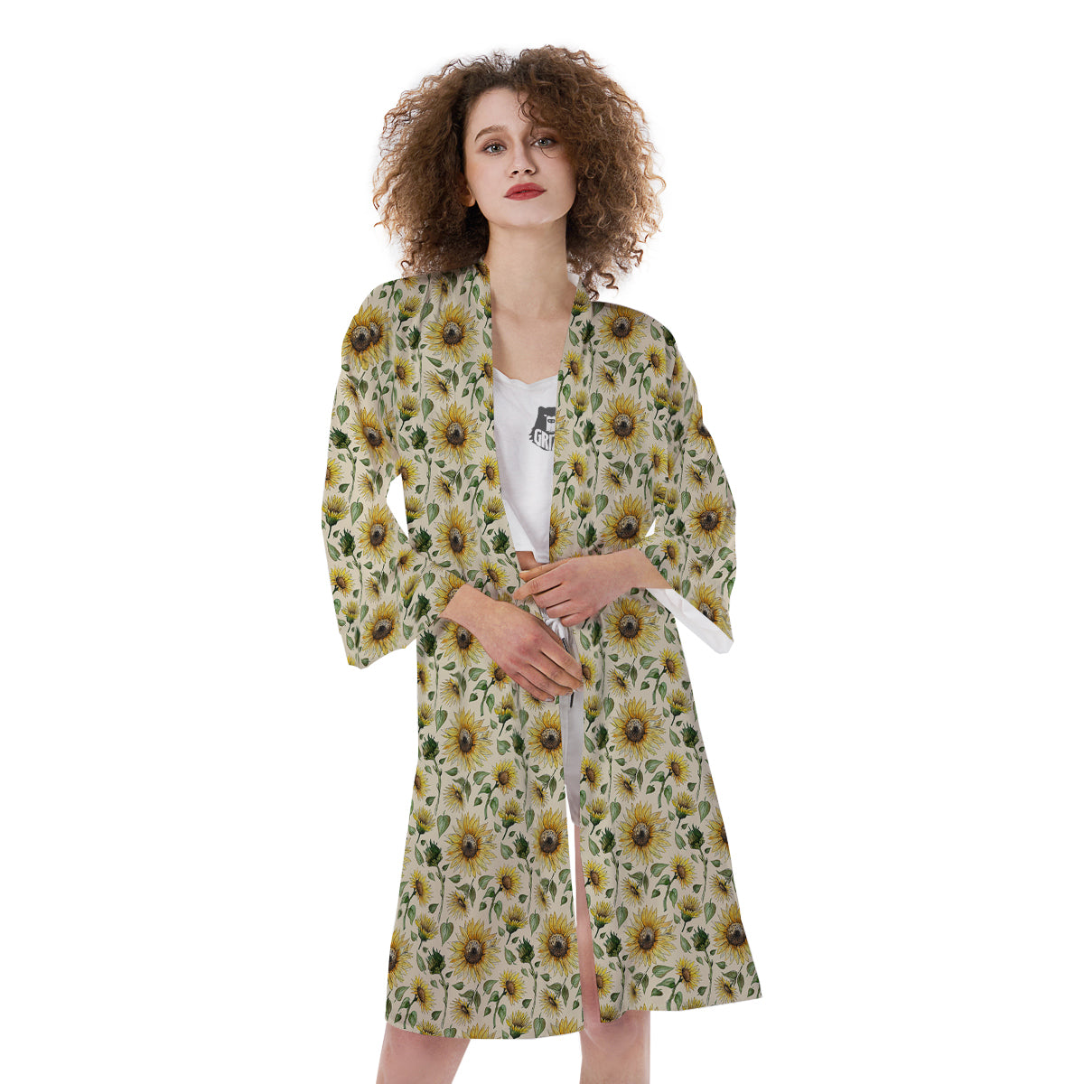 Watercolor Sunflower Beige Print Pattern Kimono-grizzshop