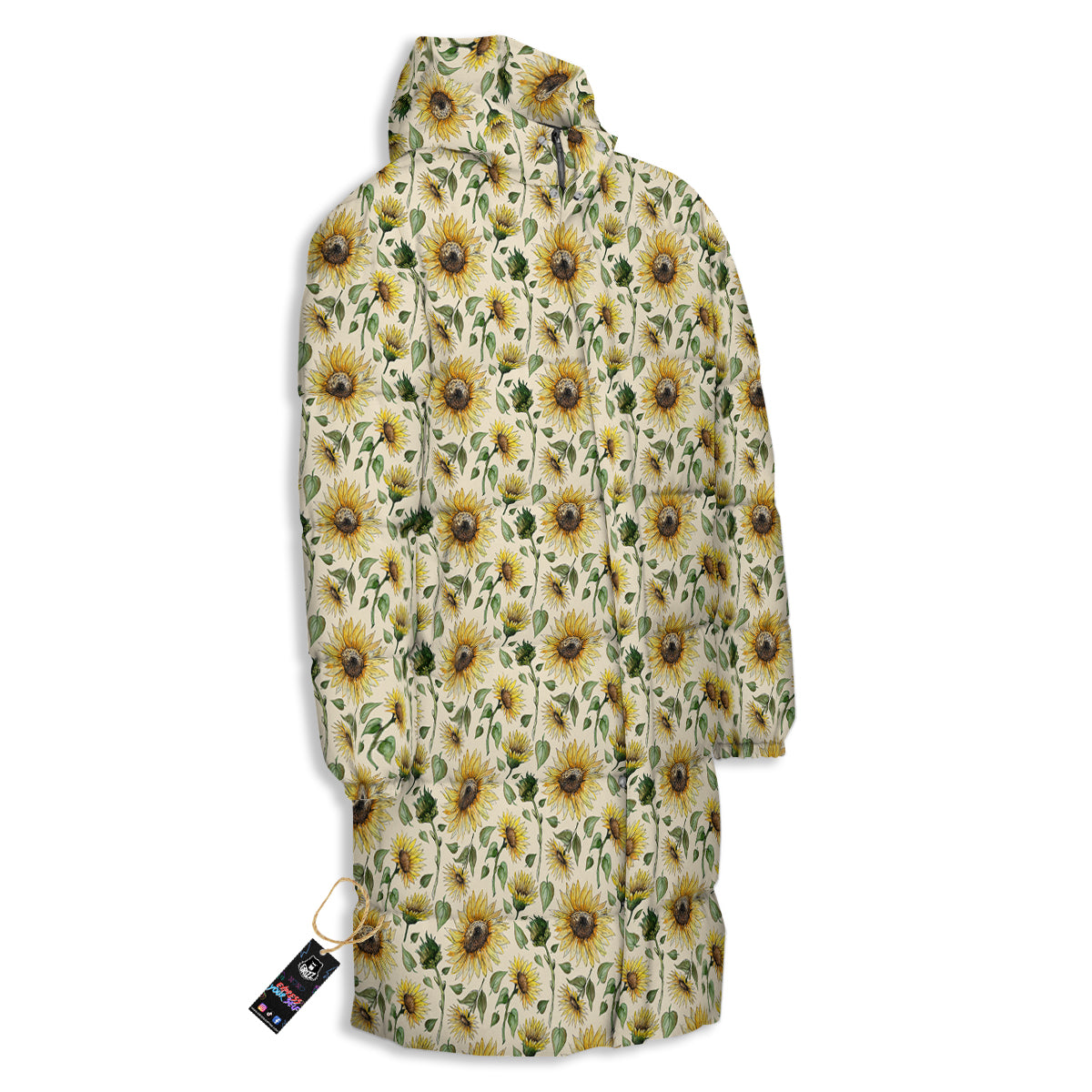 Watercolor Sunflower Beige Print Pattern Long Down Jacket-grizzshop