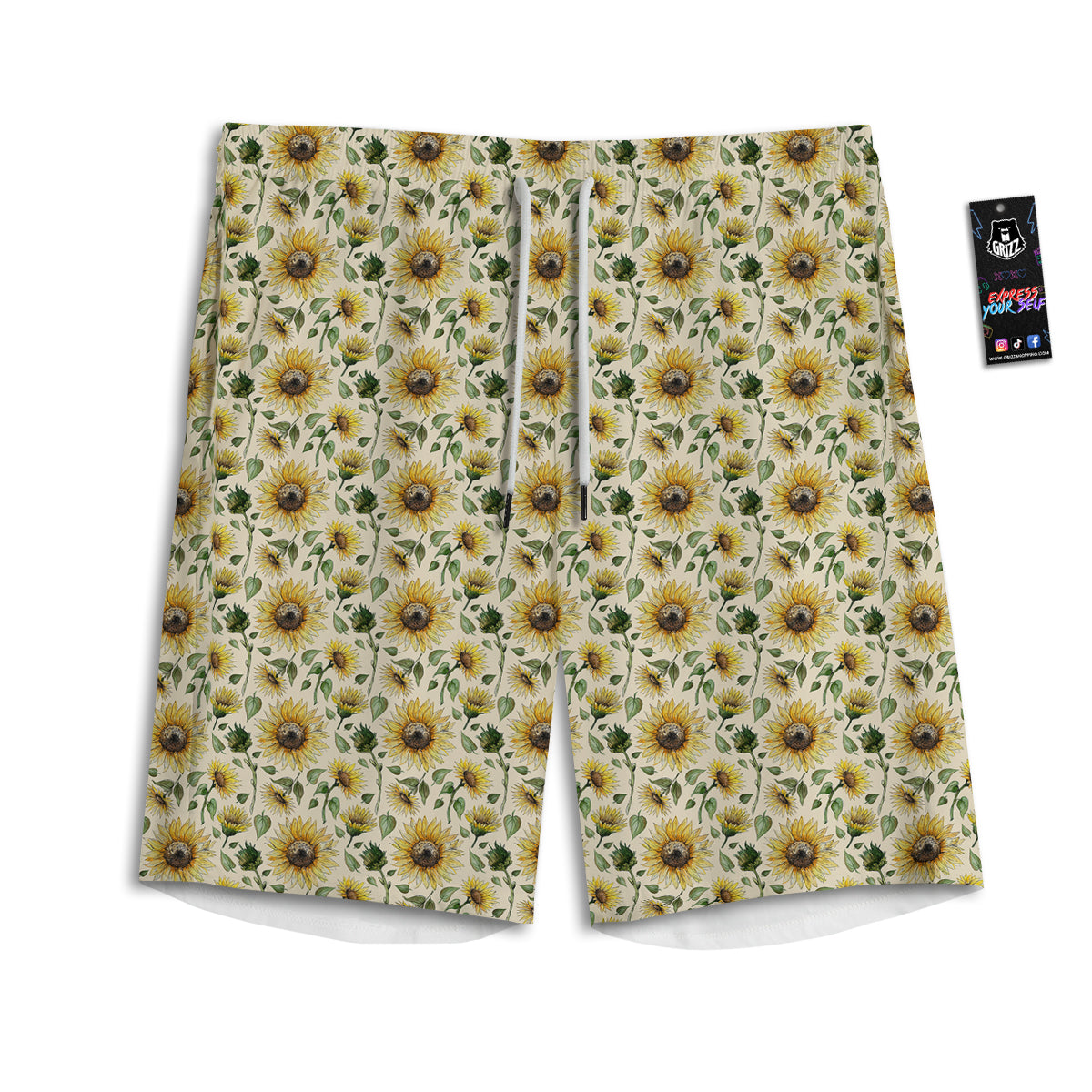 Watercolor Sunflower Beige Print Pattern Men's Athletic Shorts
