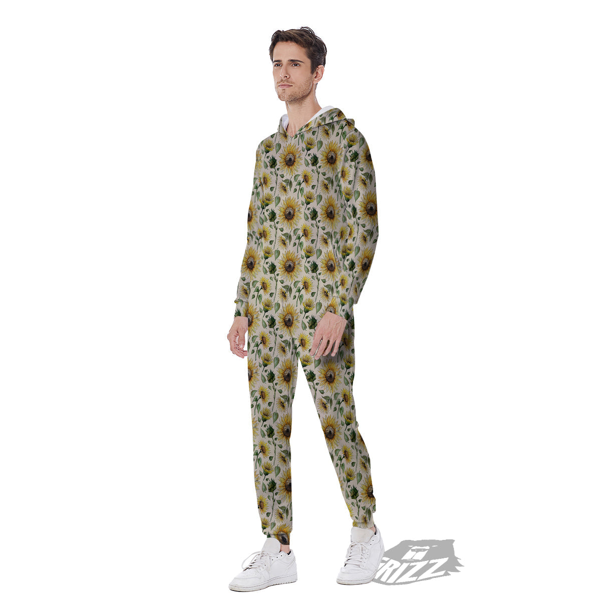 Watercolor Sunflower Beige Print Pattern Men's Jumpsuit-grizzshop