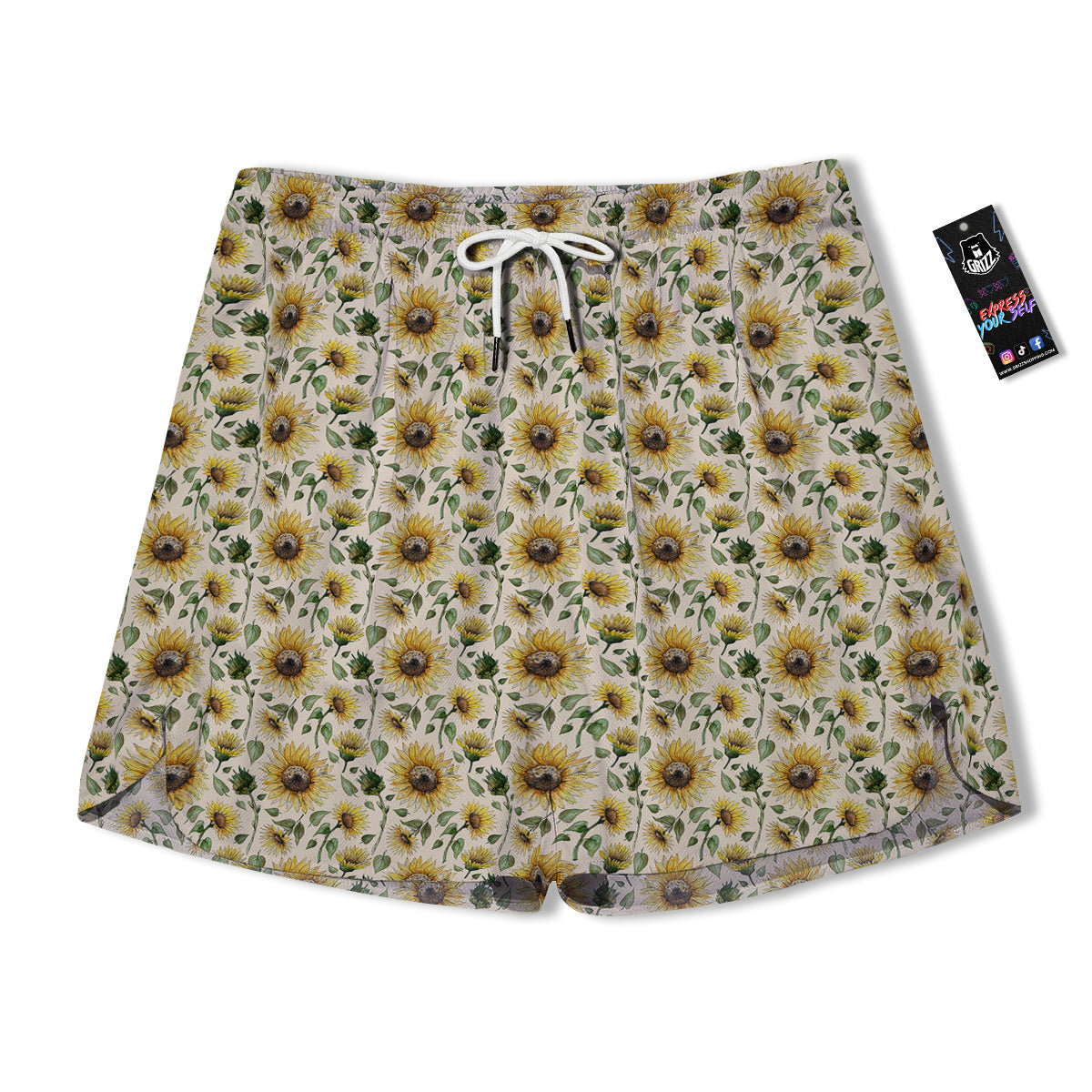 Watercolor Sunflower Beige Print Pattern Men's Running Shorts-grizzshop