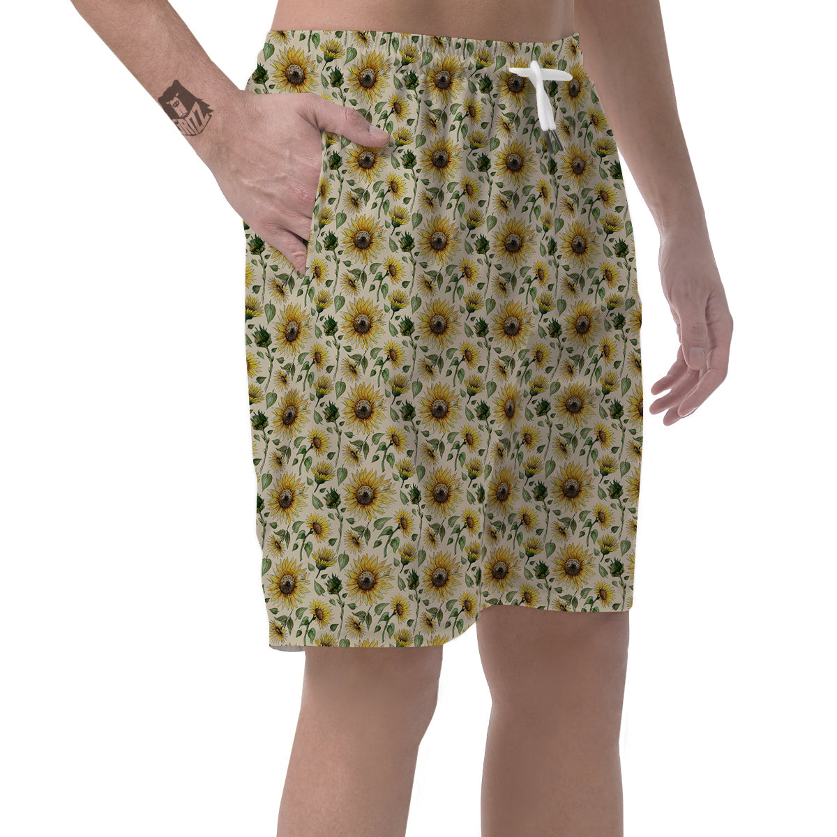 Watercolor Sunflower Beige Print Pattern Men's Shorts-grizzshop