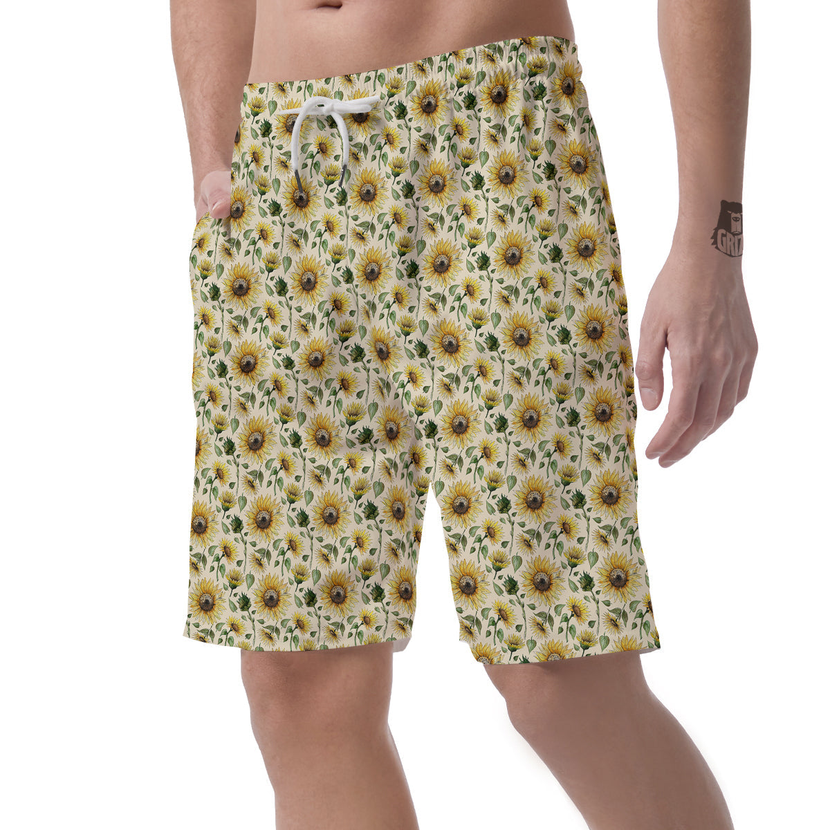 Watercolor Sunflower Beige Print Pattern Men's Shorts-grizzshop