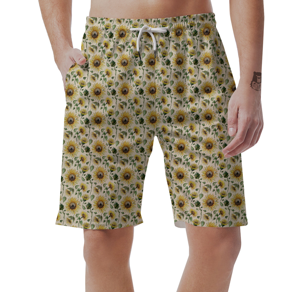 Watercolor Sunflower Beige Print Pattern Men's Shorts-grizzshop