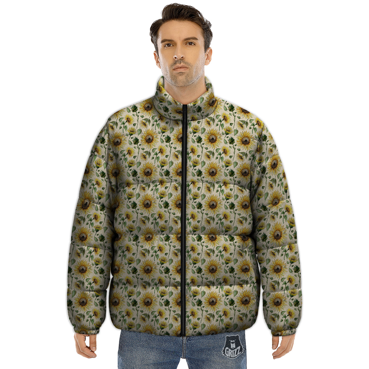 Watercolor Sunflower Beige Print Pattern Puffer Jacket-grizzshop