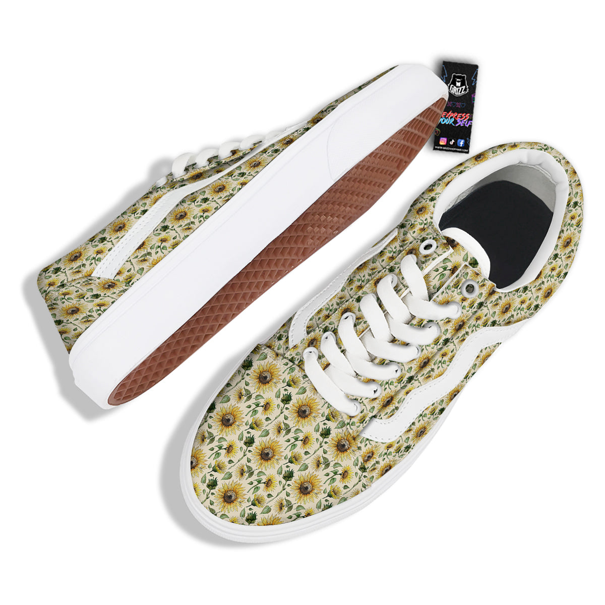 Watercolor Sunflower Beige Print Pattern Skate Shoes-grizzshop