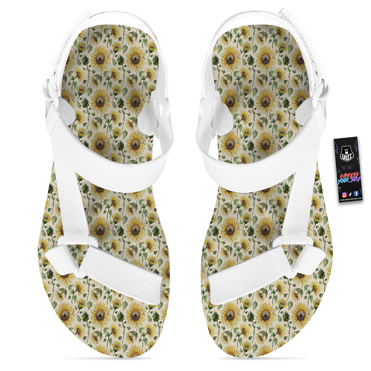 Watercolor Sunflower Beige Print Pattern White Open Toe Sandals-grizzshop