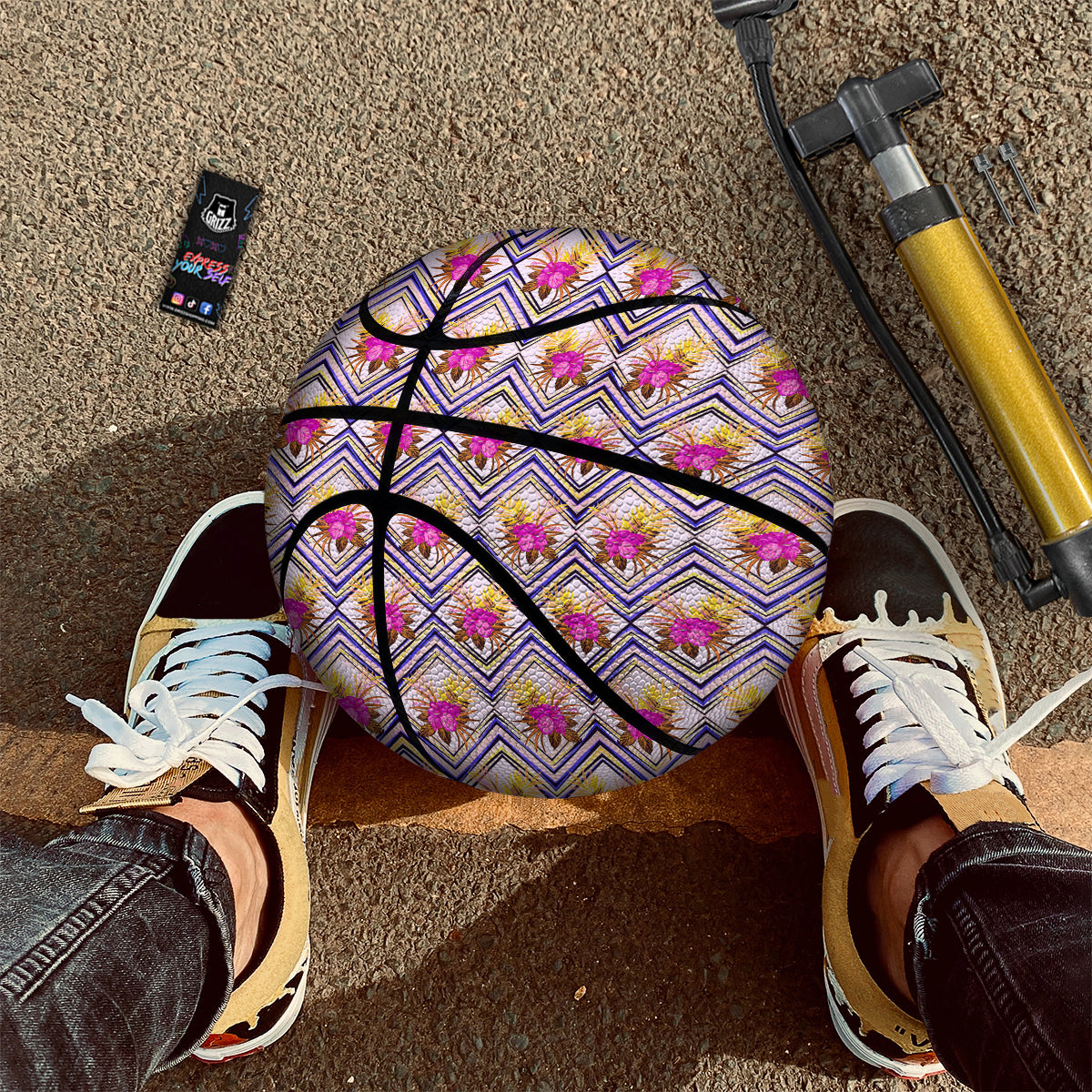 Watercolor Tropical Flower Zigzag Print Pattern Basketball-grizzshop