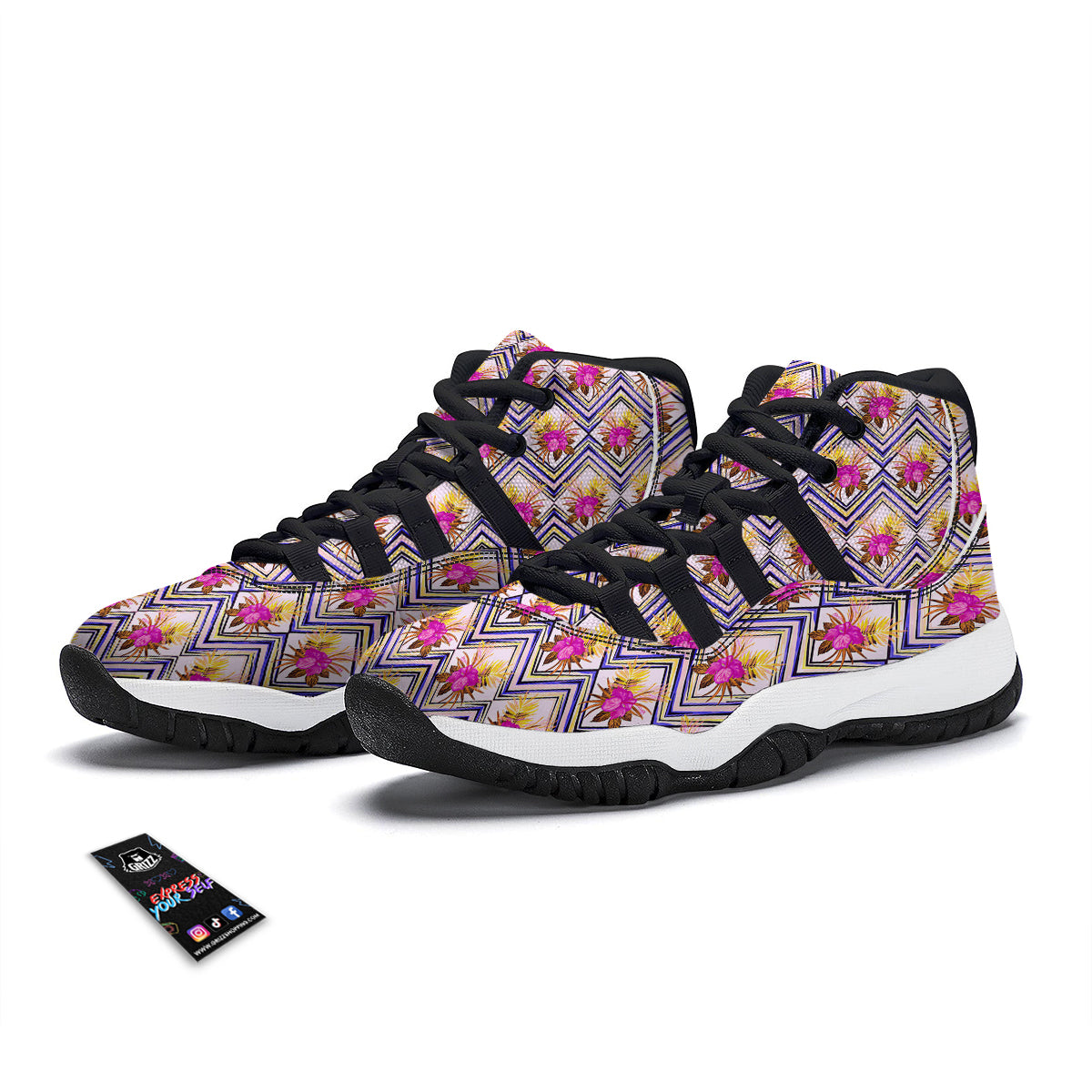 Watercolor Tropical Flower Zigzag Print Pattern Black Bball Shoes-grizzshop