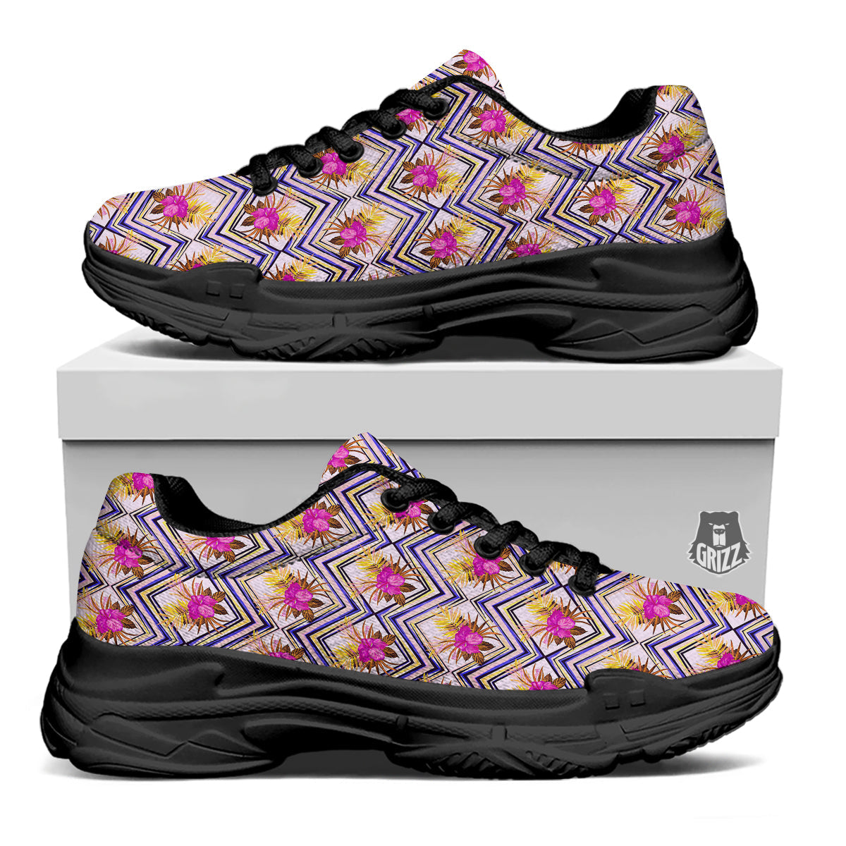 Watercolor Tropical Flower Zigzag Print Pattern Black Chunky Shoes-grizzshop