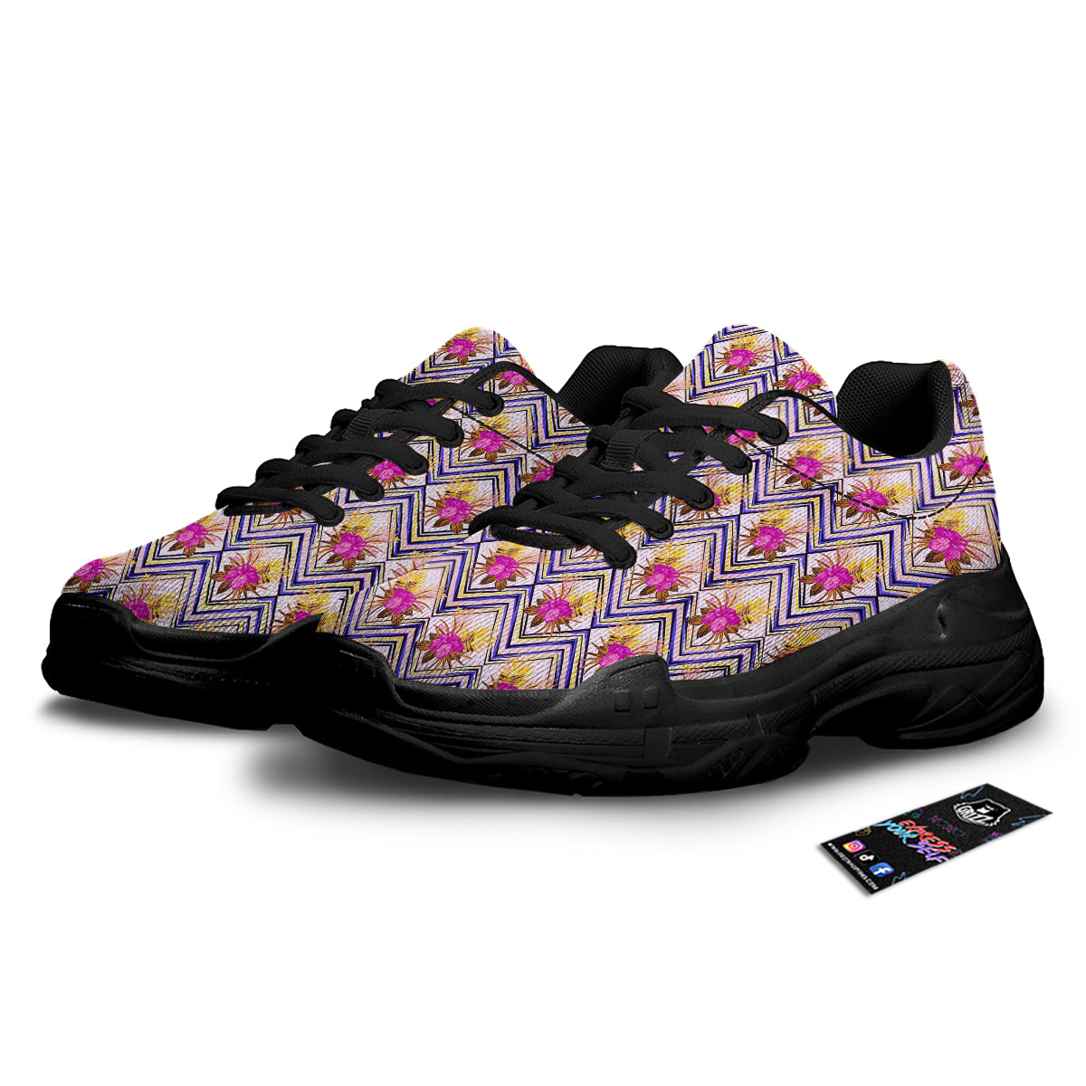 Watercolor Tropical Flower Zigzag Print Pattern Black Chunky Shoes-grizzshop