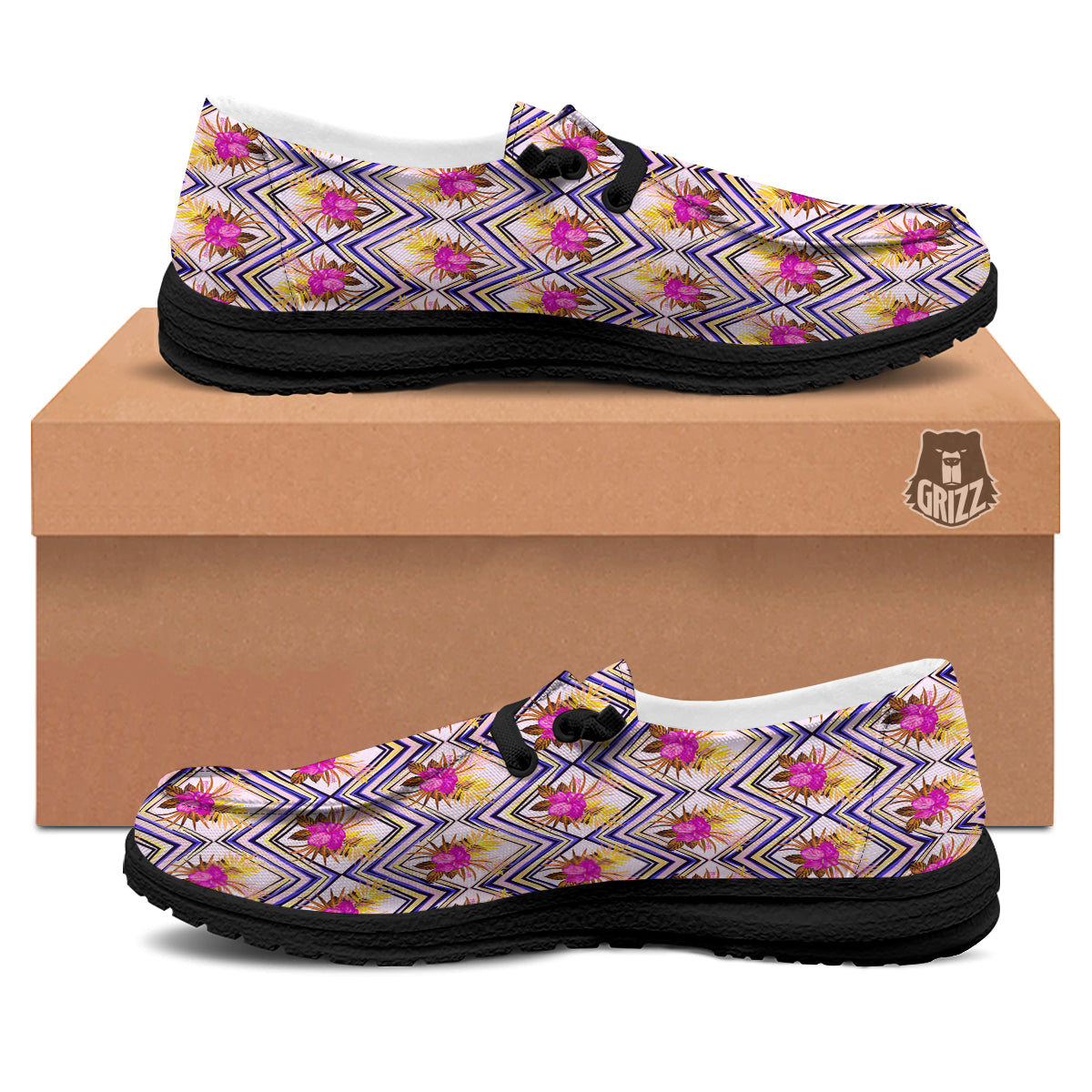 Watercolor Tropical Flower Zigzag Print Pattern Black Loafers-grizzshop