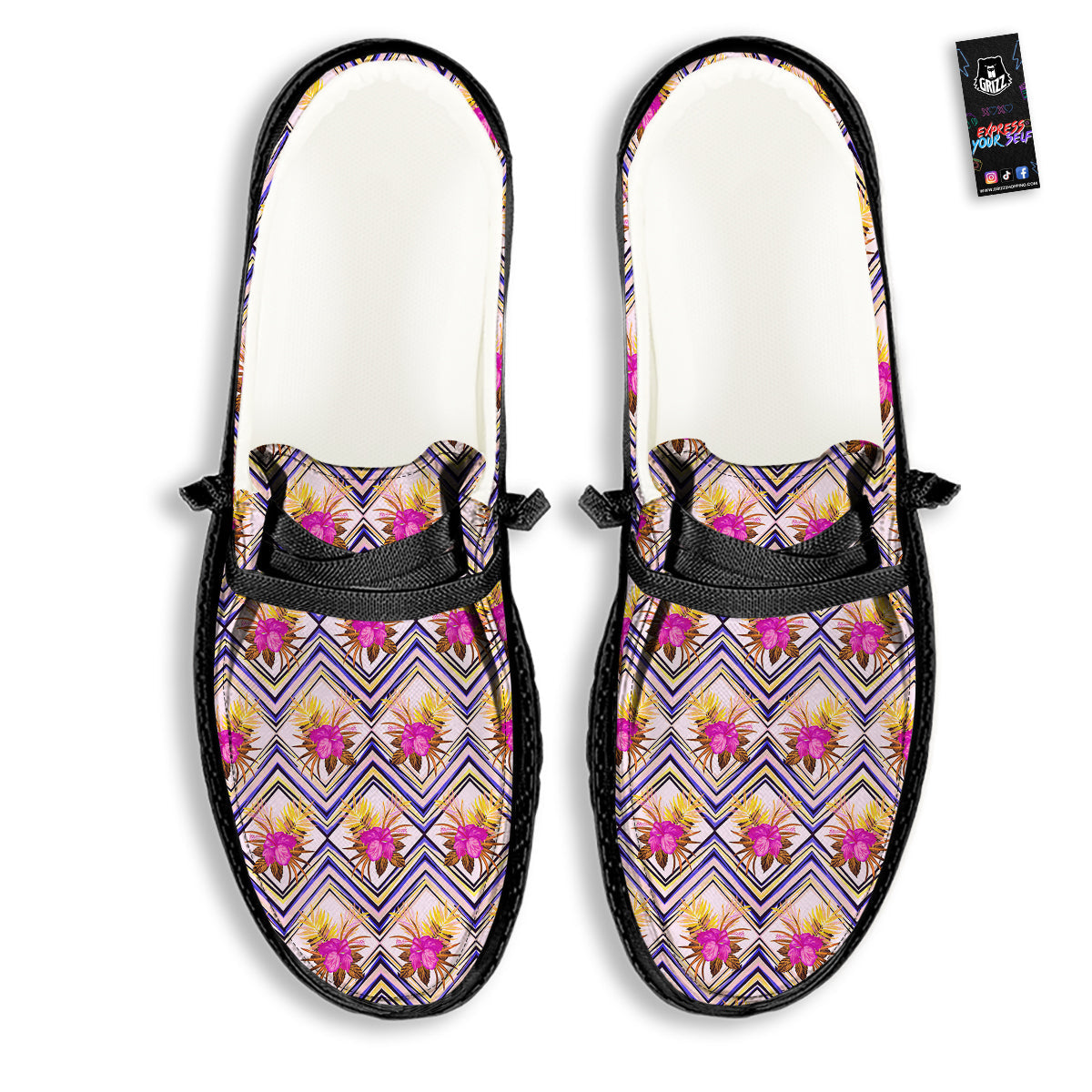 Watercolor Tropical Flower Zigzag Print Pattern Black Loafers-grizzshop