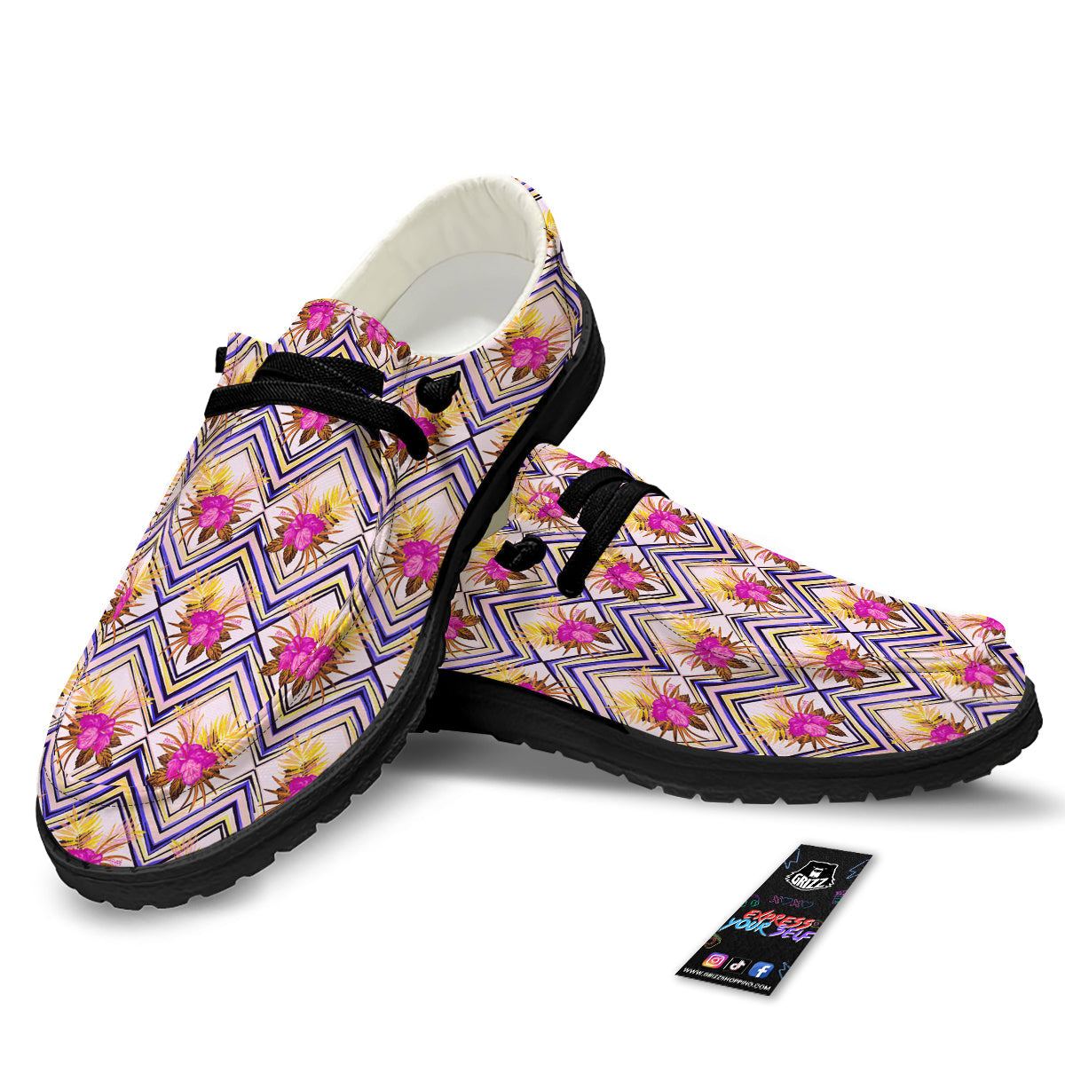 Watercolor Tropical Flower Zigzag Print Pattern Black Loafers-grizzshop