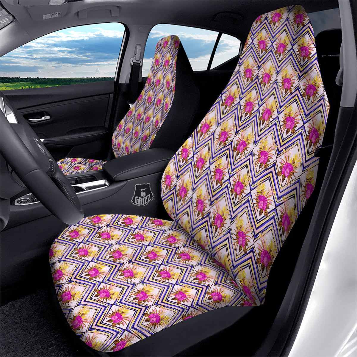 Watercolor Tropical Flower Zigzag Print Pattern Car Seat Covers-grizzshop